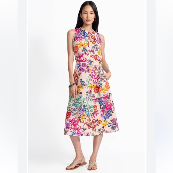 JOHNNY WAS LINEN FLORAL MIDI DRESS WITH POCKETS SIZE MEDIUM NWT - Picture 2 of 7